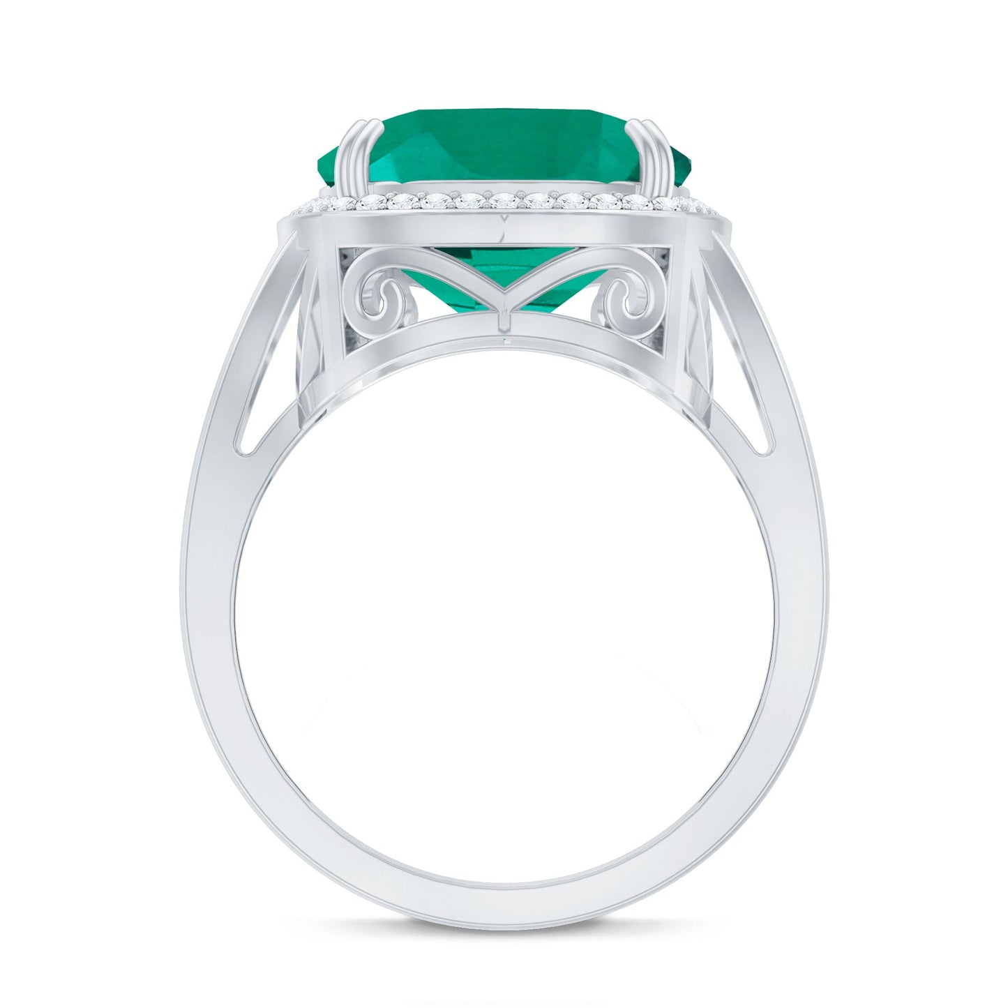Certified 12 mm Lab Grown Emerald Cushion Cut Engagement with Diamond Halo