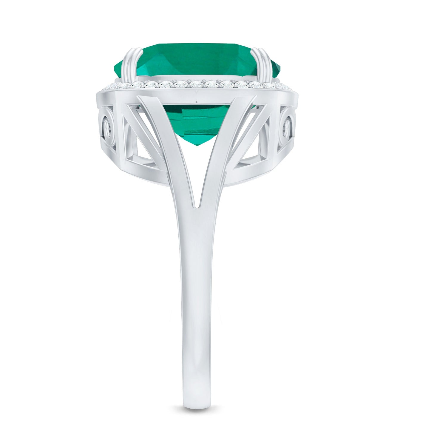 Certified 12 mm Lab Grown Emerald Cushion Cut Engagement with Diamond Halo