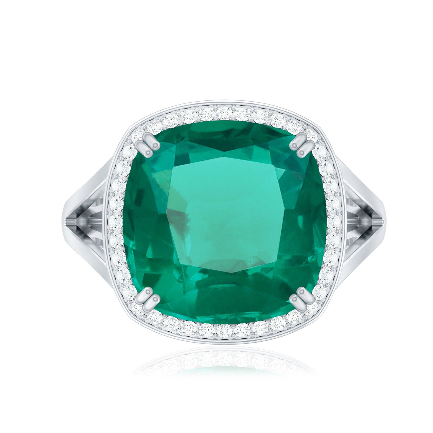 Certified 12 mm Lab Grown Emerald Cushion Cut Engagement with Diamond Halo