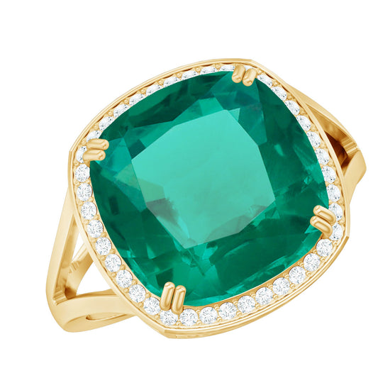 Certified 12 mm Lab Grown Emerald Cushion Cut Engagement with Diamond Halo