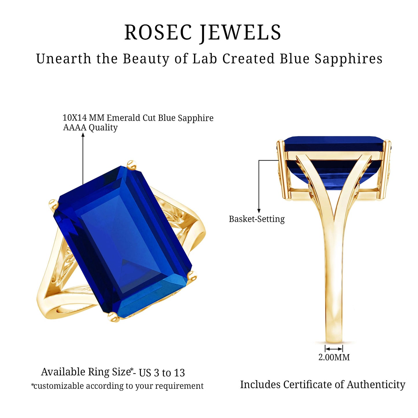 9 Carat Lab Grown Blue Sapphire Emerald Cut Engagement Ring