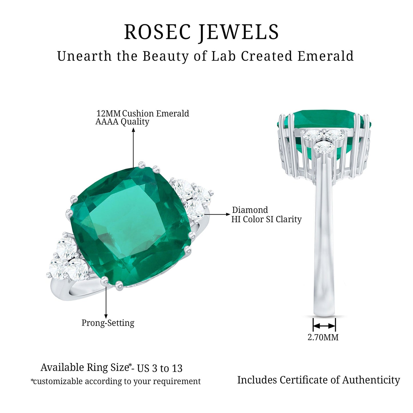 Lab Grown Emerald 12mm Cushion Cut Engagement Ring with Diamond Trio