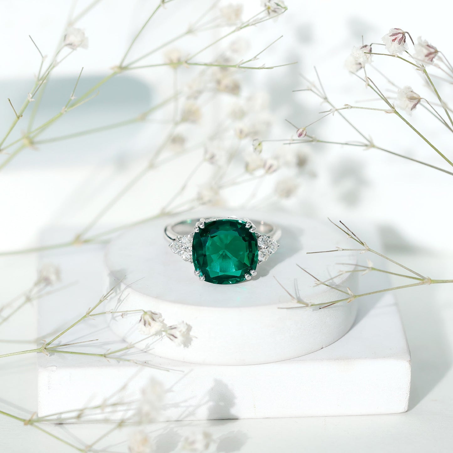 Lab Grown Emerald 12mm Cushion Cut Engagement Ring with Diamond Trio
