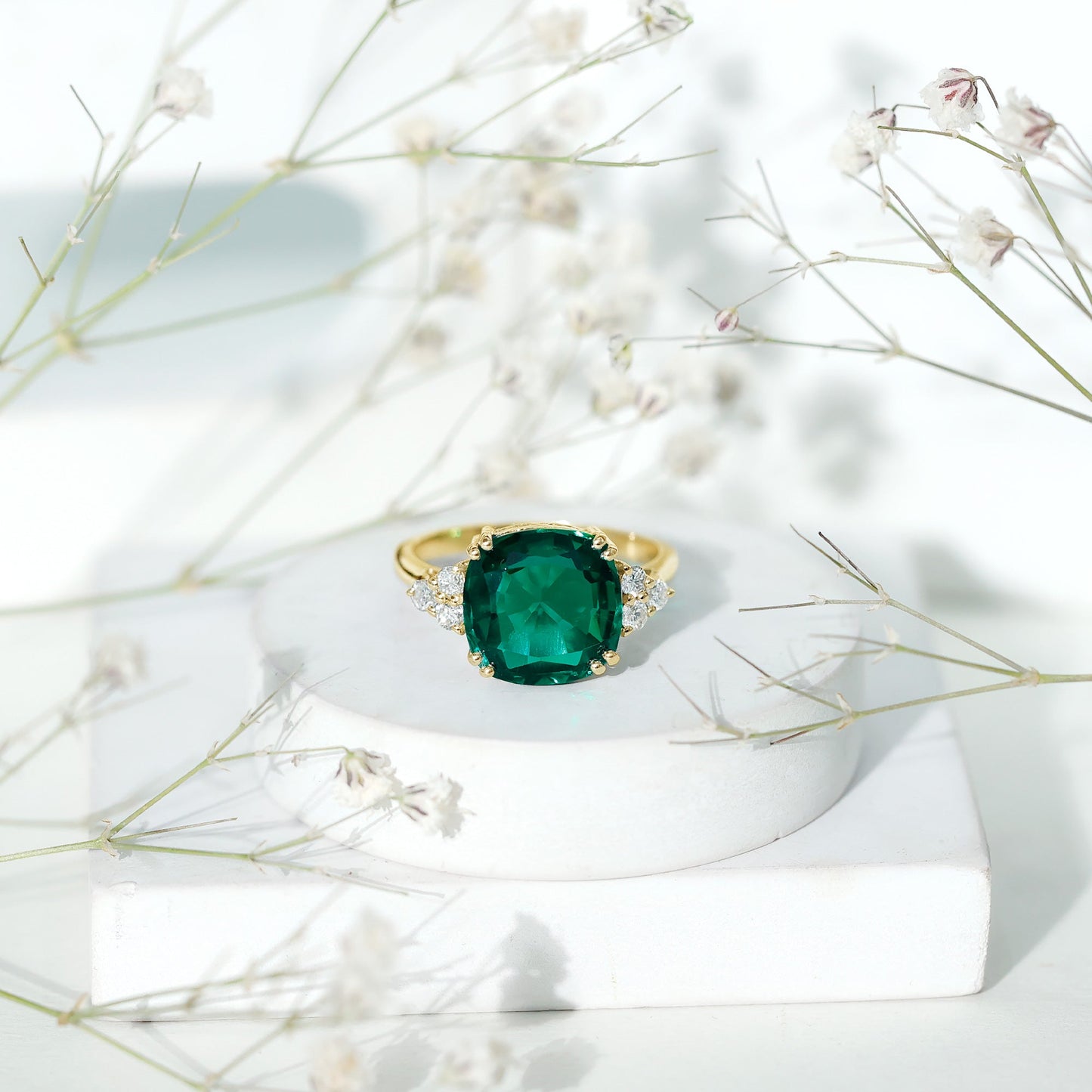 Lab Grown Emerald 12mm Cushion Cut Engagement Ring with Diamond Trio
