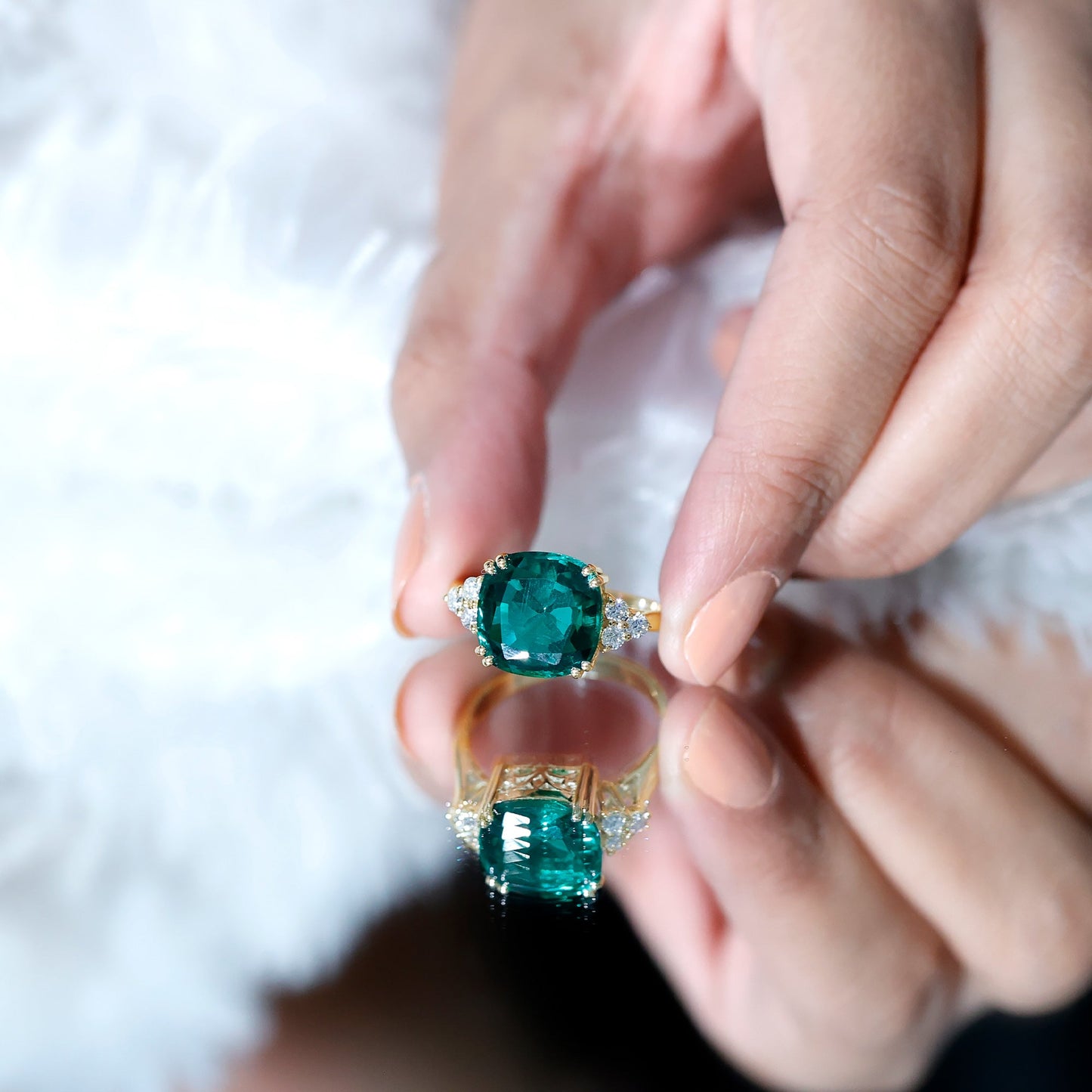 Lab Grown Emerald 12mm Cushion Cut Engagement Ring with Diamond Trio