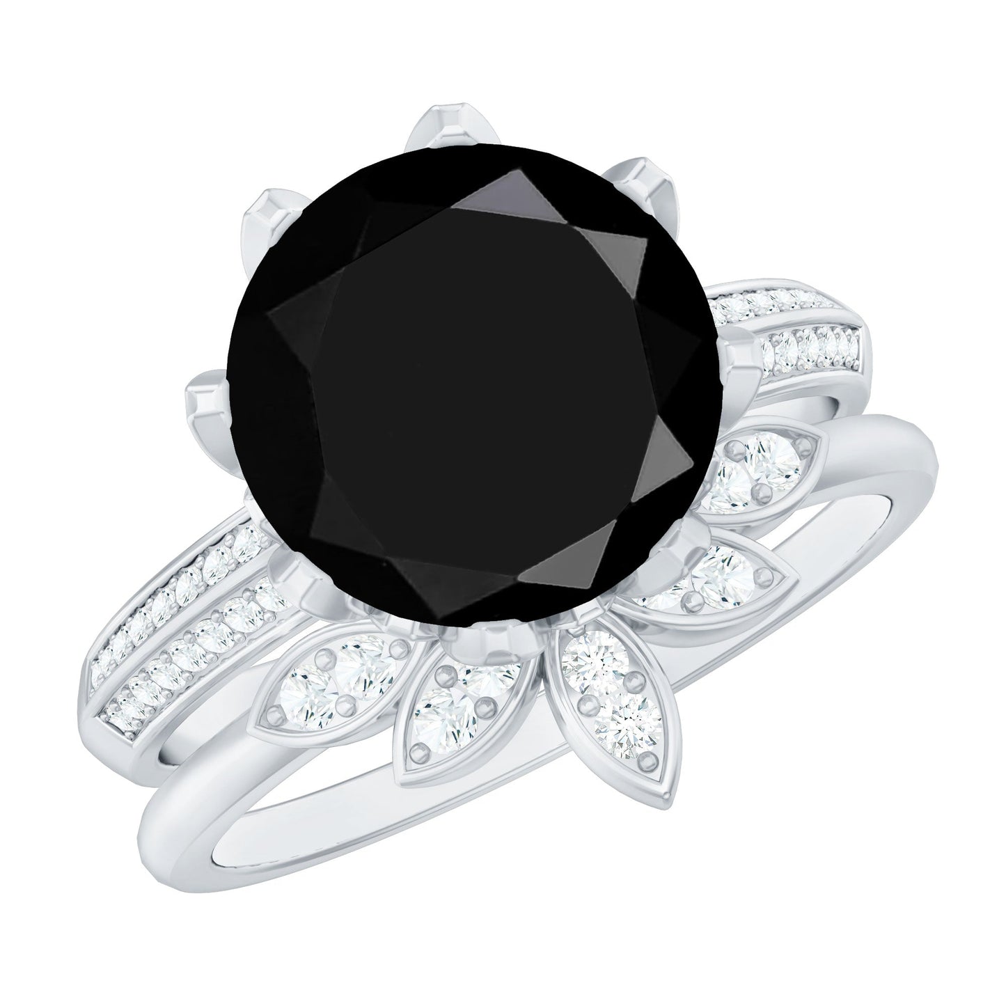 Nature Inspired 4.5 Carat Lab Grown Black and White Diamond Wedding Engagement Ring Set