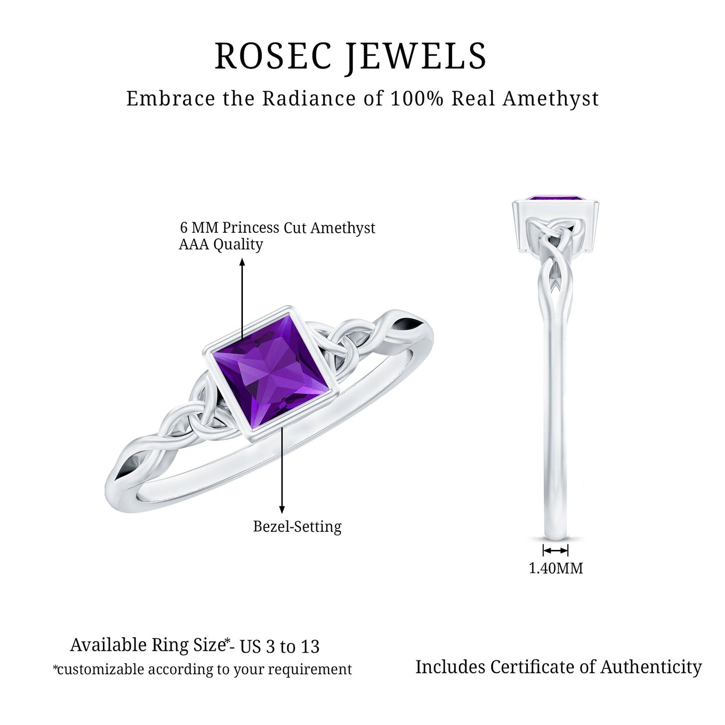 Natural Amethyst Princess Cut Solitaire Celtic Ring in Bezel Setting