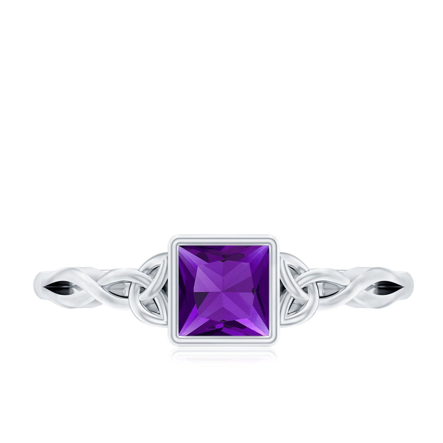 Natural Amethyst Princess Cut Solitaire Celtic Ring in Bezel Setting