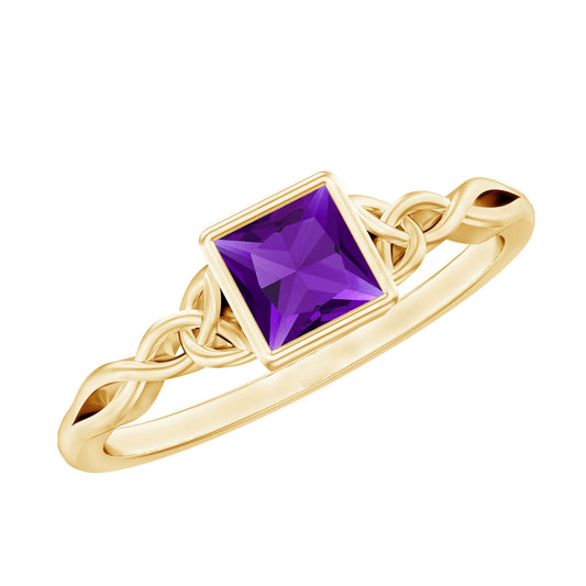 Natural Amethyst Princess Cut Solitaire Celtic Ring in Bezel Setting