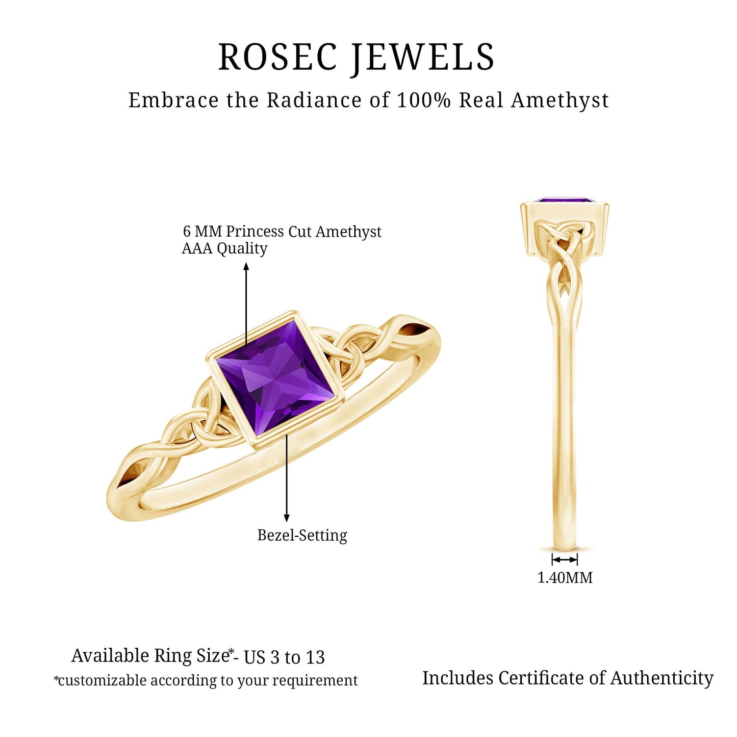 Natural Amethyst Princess Cut Solitaire Celtic Ring in Bezel Setting