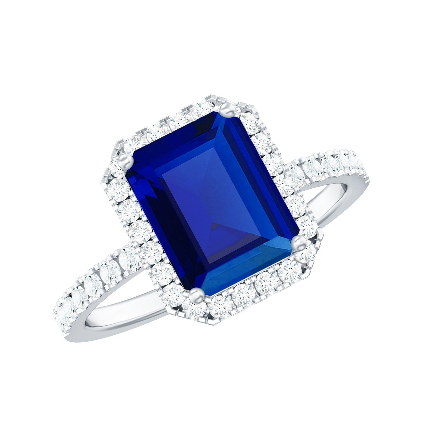 Certified 2.75 Carat Emerald Cut Lab Grown Blue Sapphire Engagement Ring with Diamond Halo