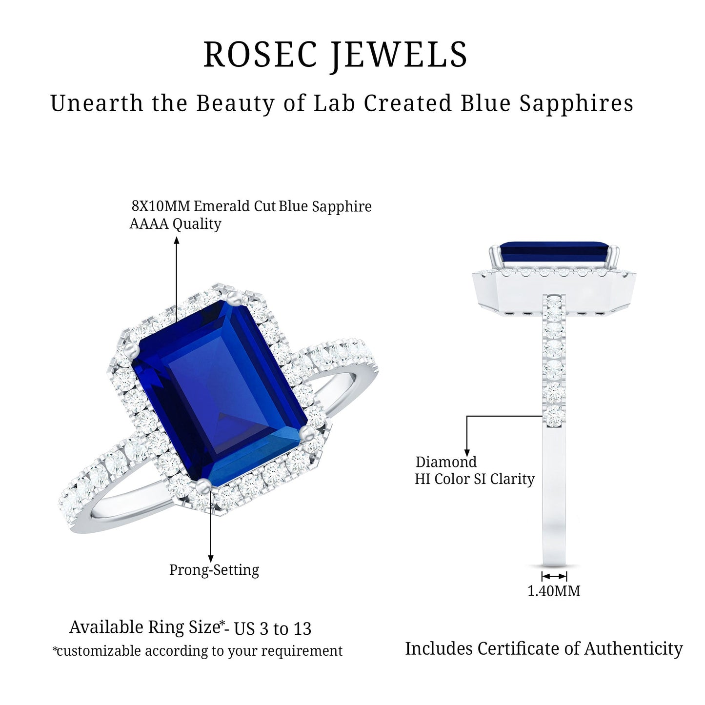 Certified 2.75 Carat Emerald Cut Lab Grown Blue Sapphire Engagement Ring with Diamond Halo