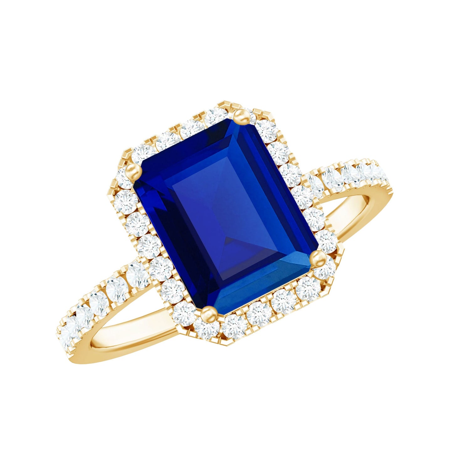 Certified 2.75 Carat Emerald Cut Lab Grown Blue Sapphire Engagement Ring with Diamond Halo