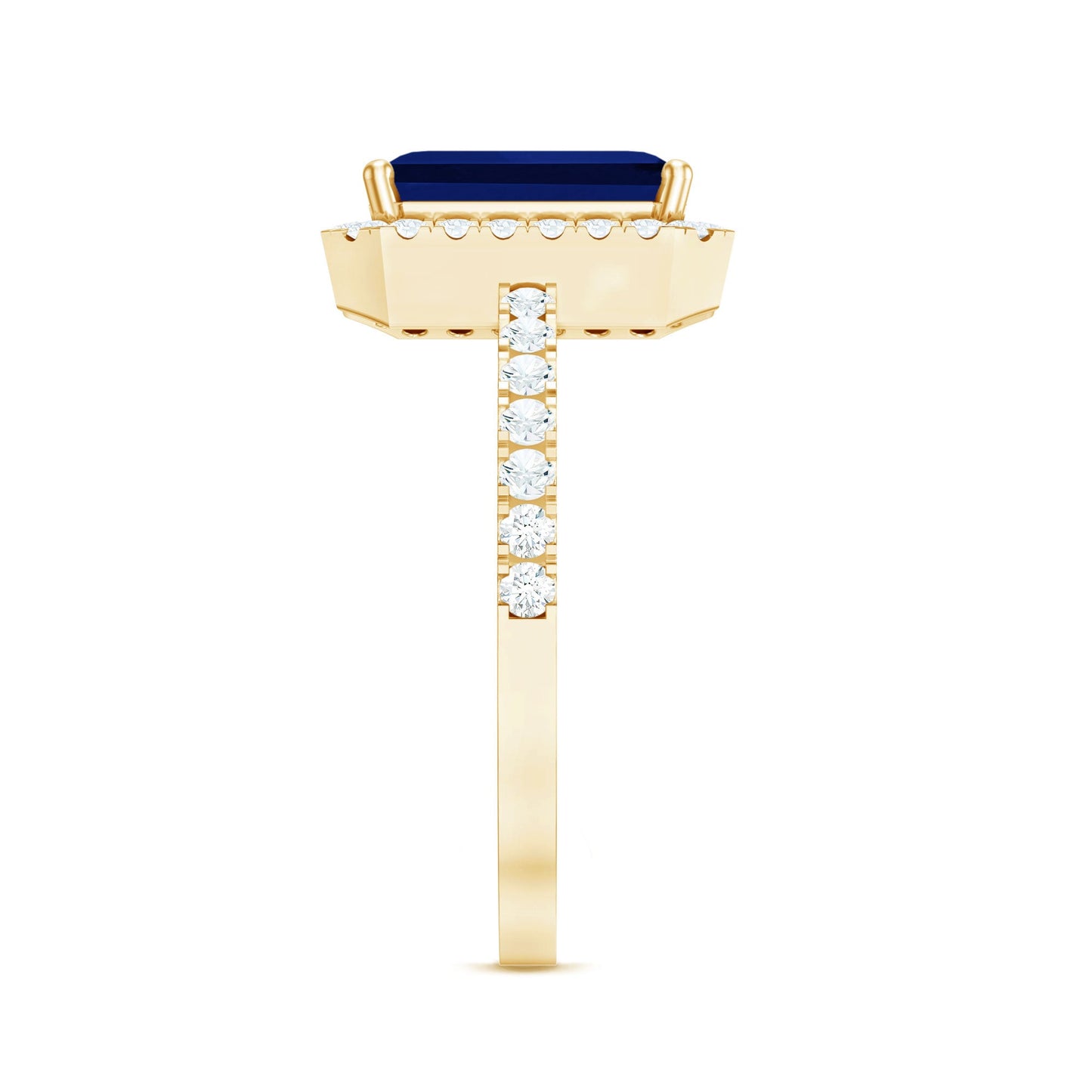 Certified 2.75 Carat Emerald Cut Lab Grown Blue Sapphire Engagement Ring with Diamond Halo