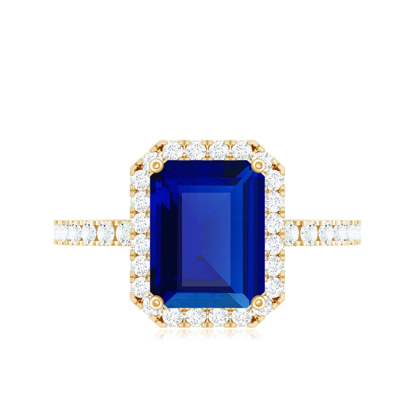 Certified 2.75 Carat Emerald Cut Lab Grown Blue Sapphire Engagement Ring with Diamond Halo