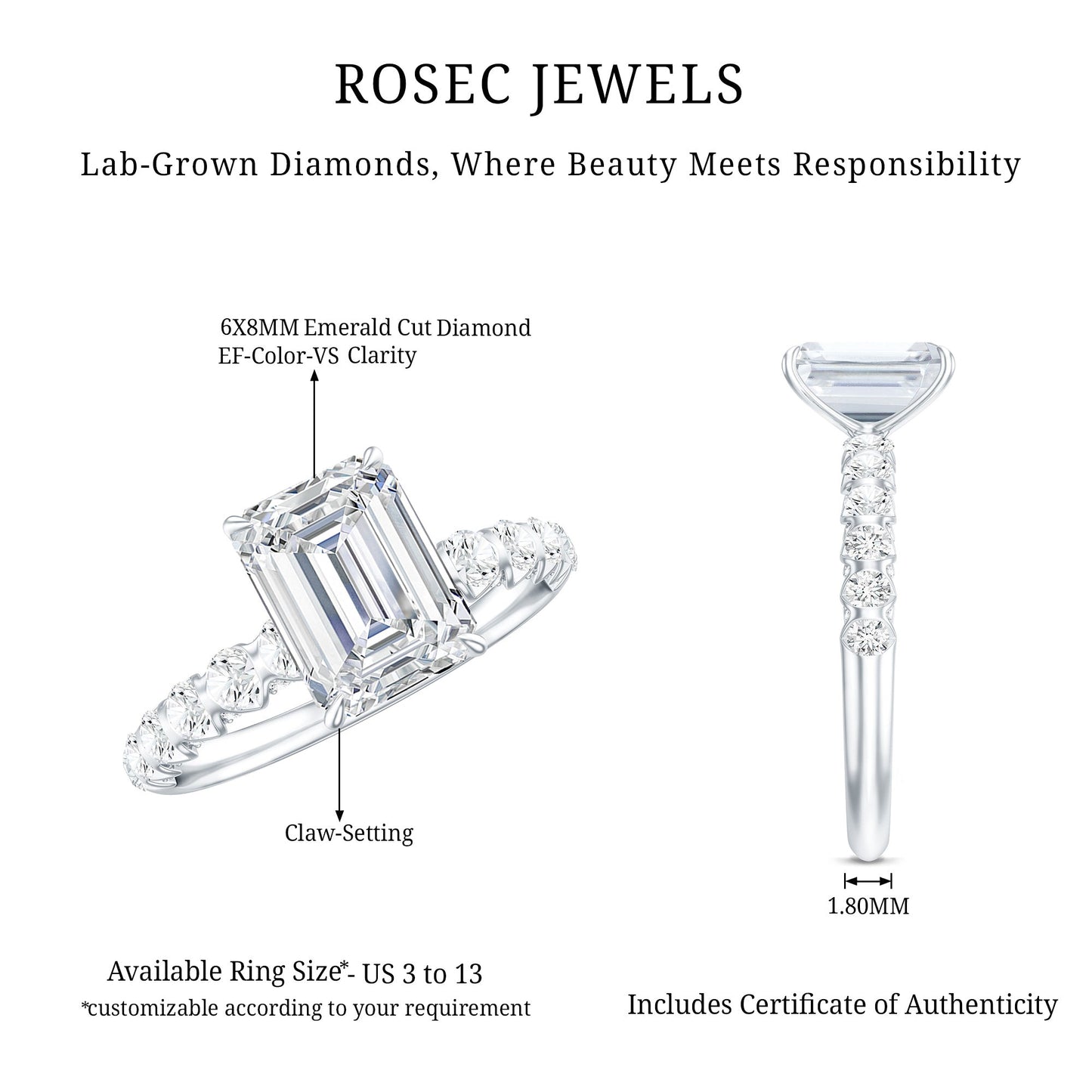 6X8 MM Emerald Cut Lab Grown Diamond Engagement Ring with Accent
