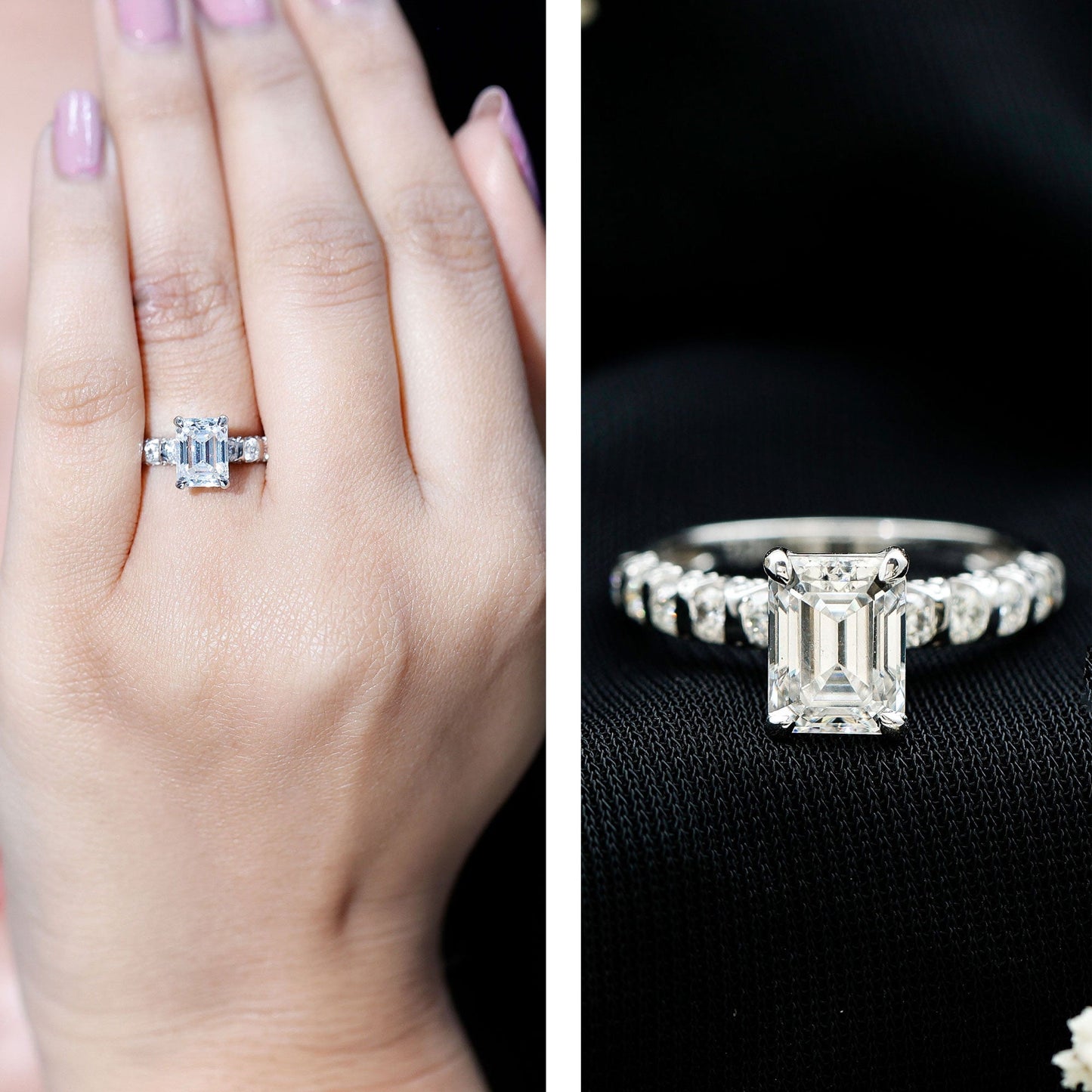 6X8 MM Emerald Cut Lab Grown Diamond Engagement Ring with Accent