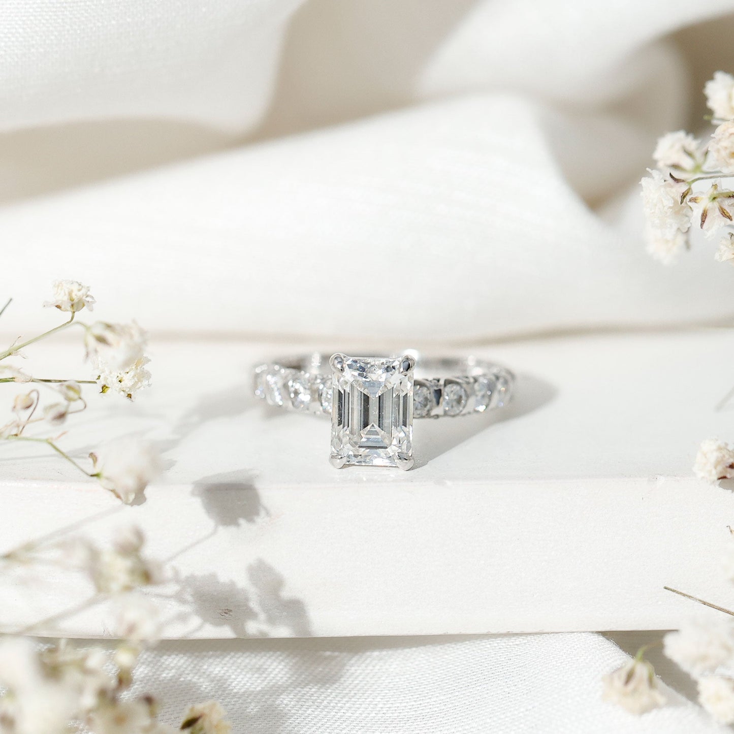 6X8 MM Emerald Cut Lab Grown Diamond Engagement Ring with Accent