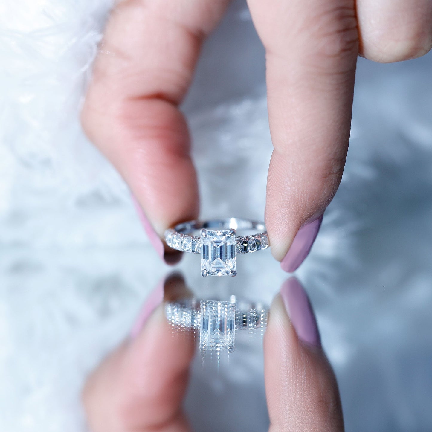6X8 MM Emerald Cut Lab Grown Diamond Engagement Ring with Accent