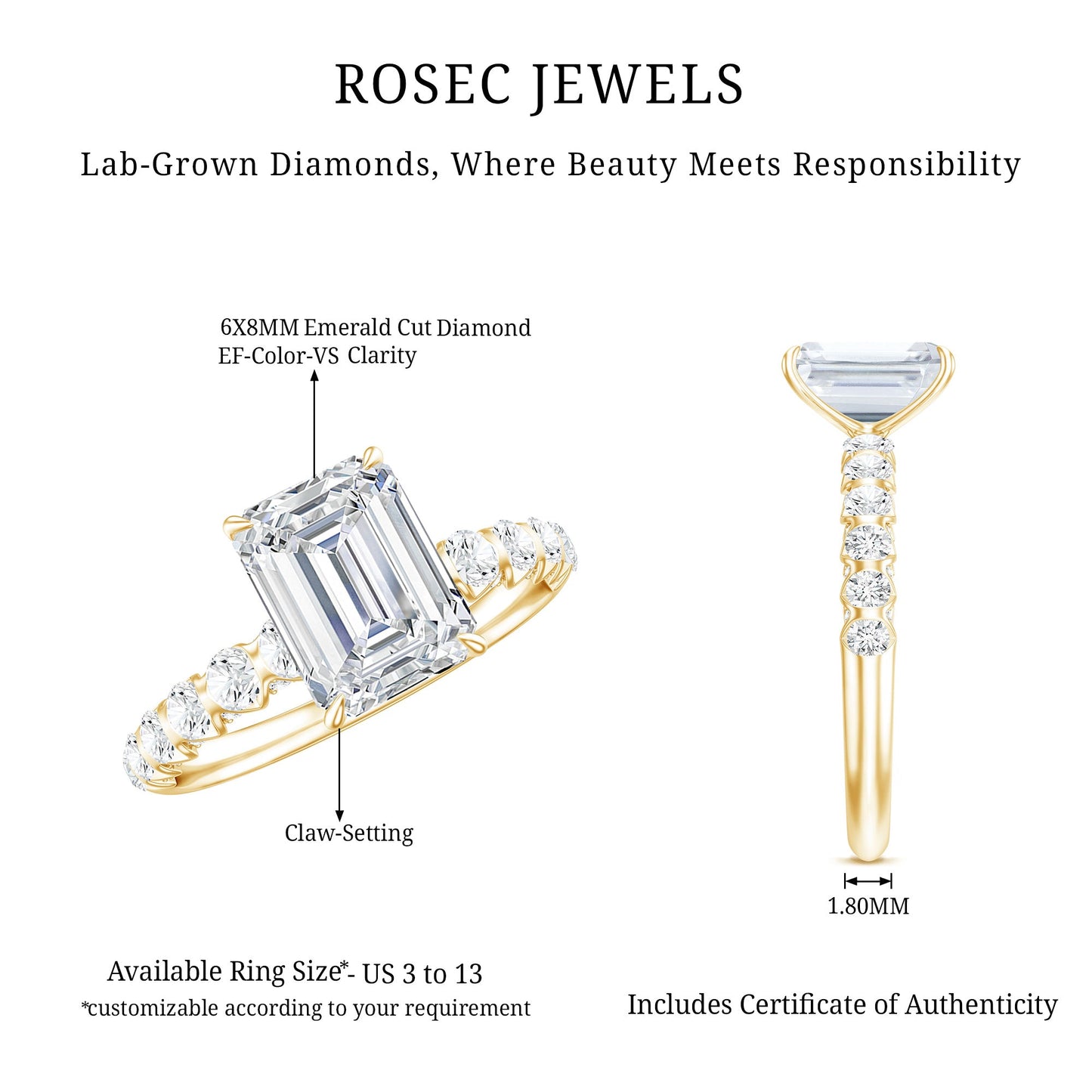 6X8 MM Emerald Cut Lab Grown Diamond Engagement Ring with Accent