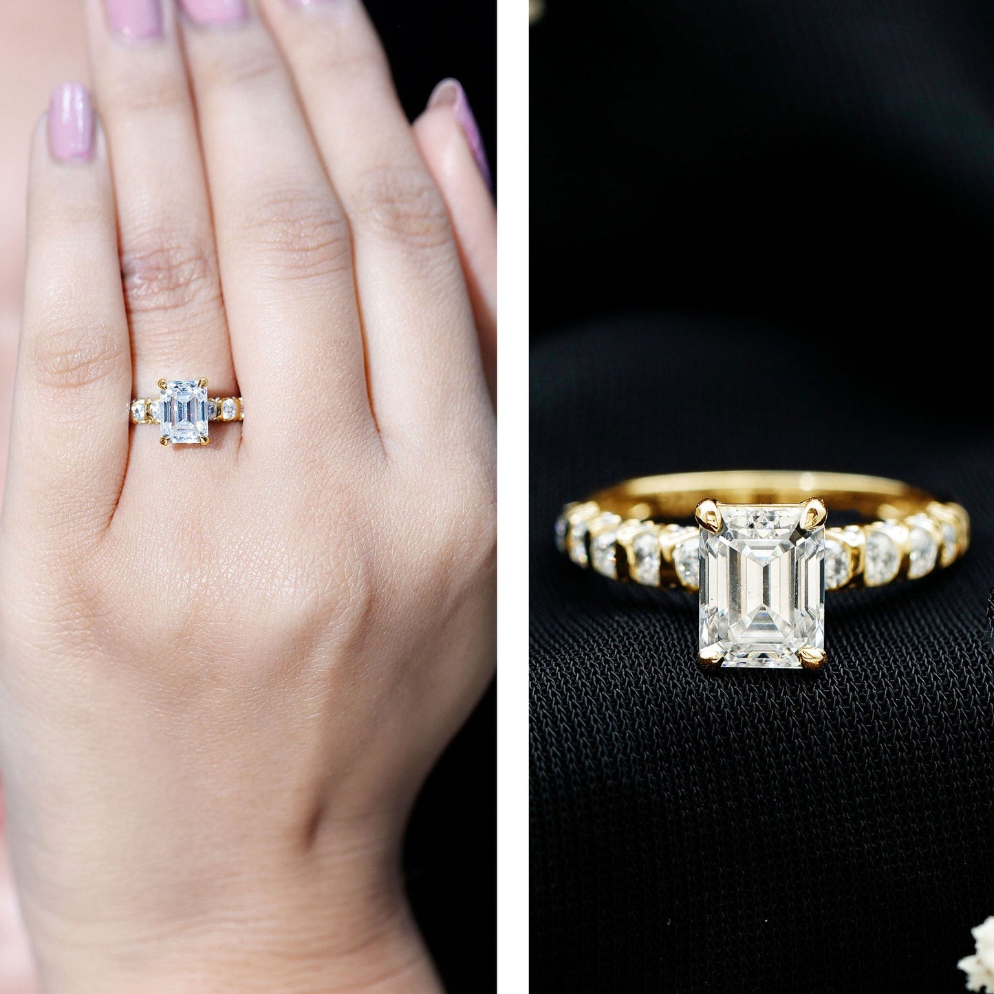 6X8 MM Emerald Cut Lab Grown Diamond Engagement Ring with Accent