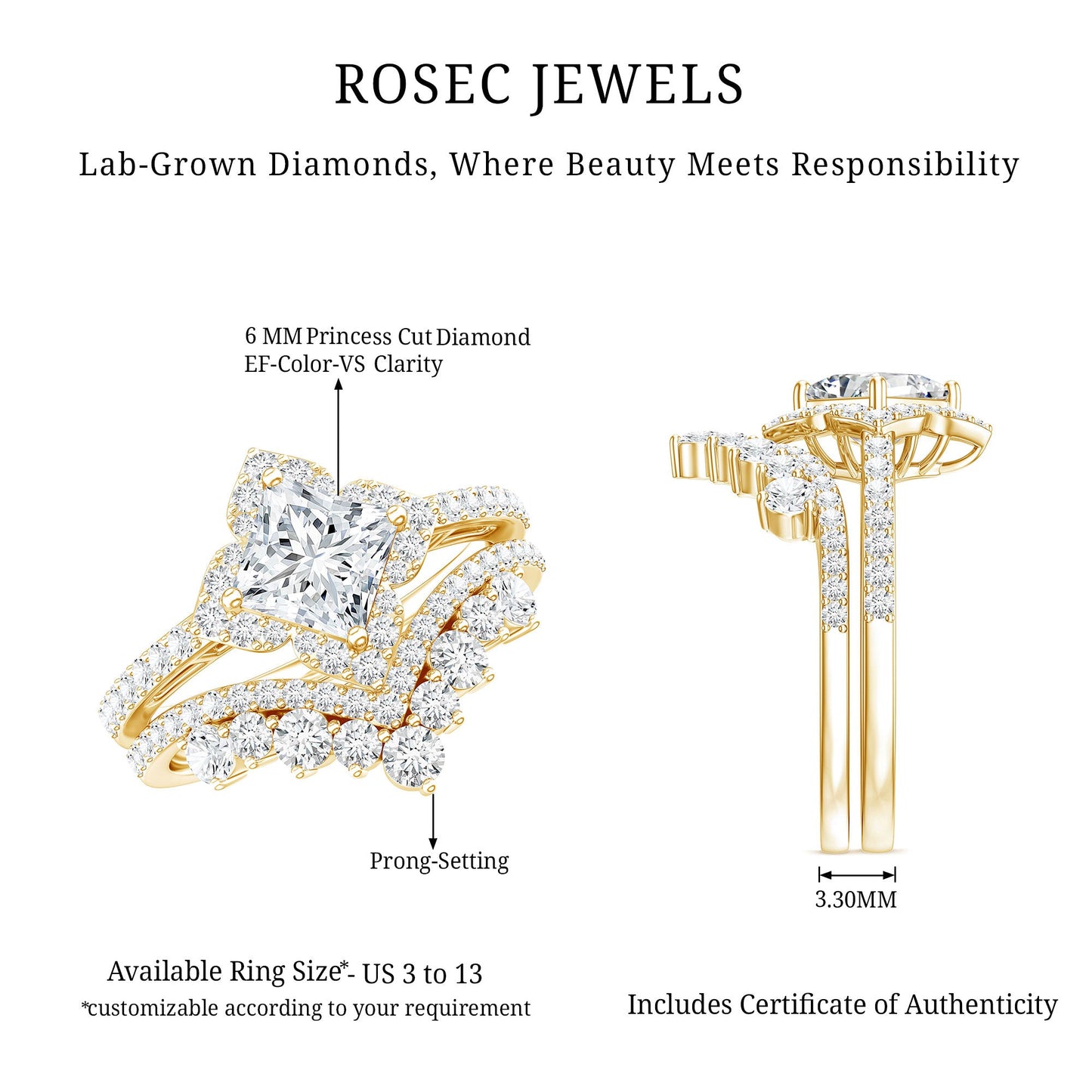 6 MM Princess Cut Lab Grown Diamond Designer Bridal Ring Set
