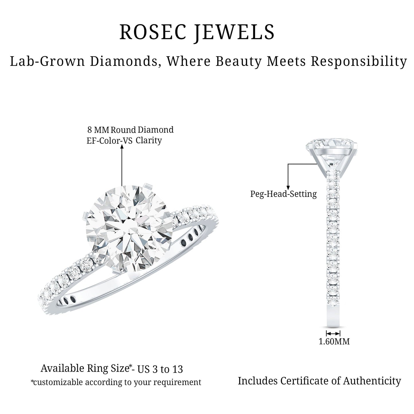 Brilliant Cut 8 MM Lab Grown Diamond Solitaire Engagement Ring