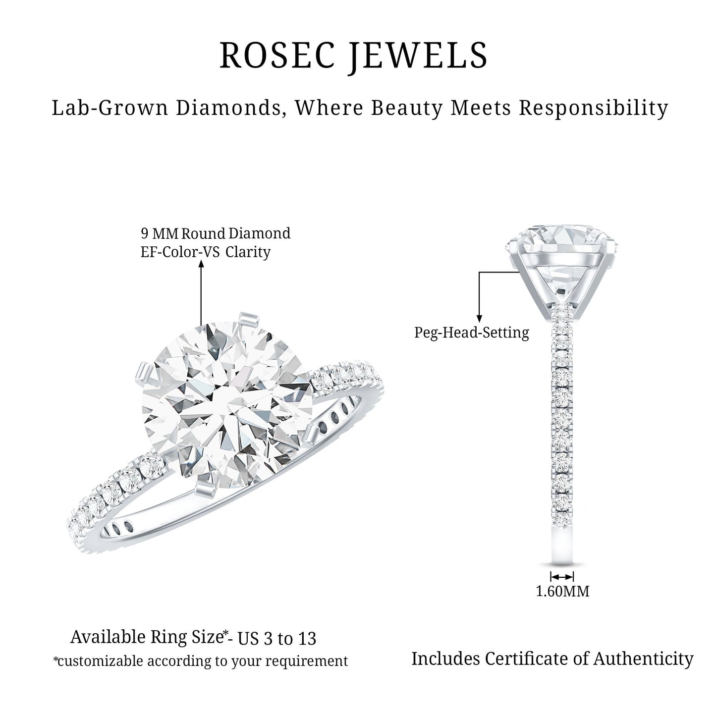 Certified 9 MM Lab Grown Solitaire Diamond Engagement Ring