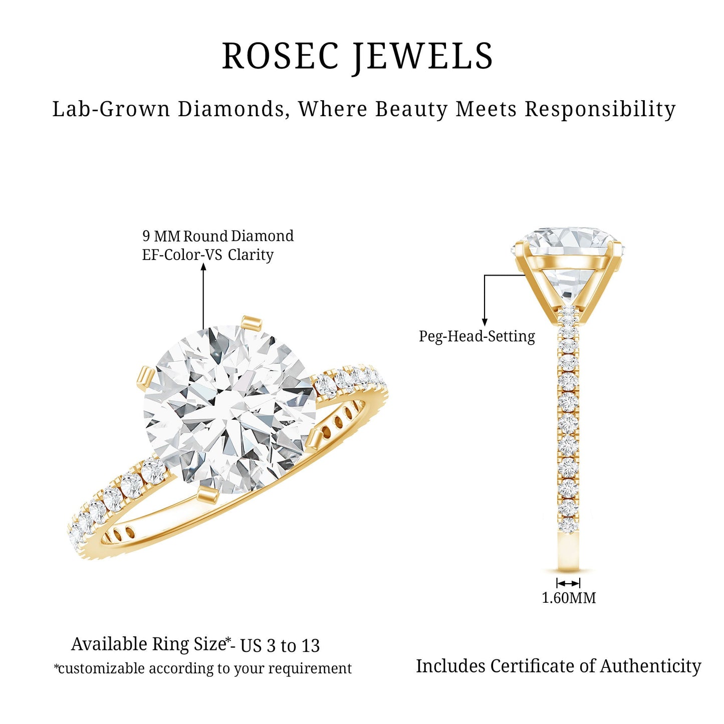 Certified 9 MM Lab Grown Solitaire Diamond Engagement Ring