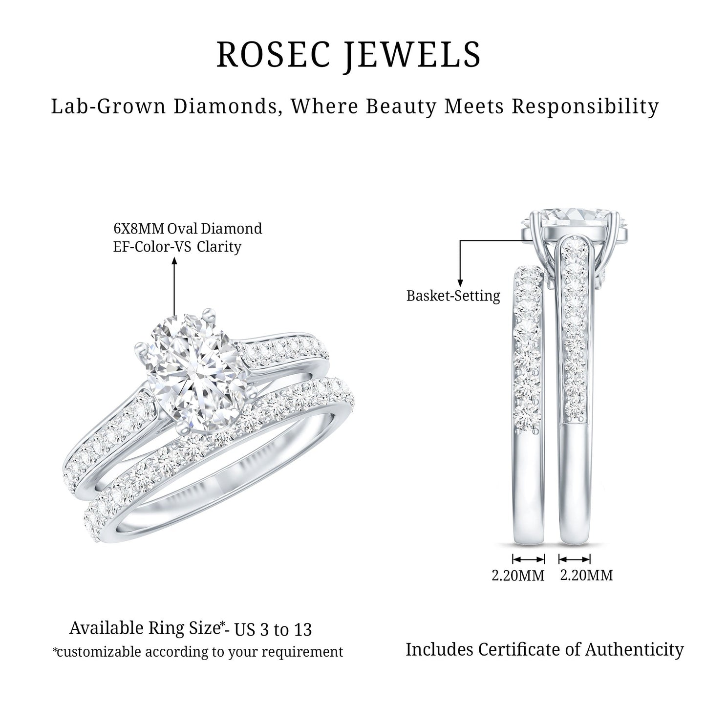 6X8 MM Oval Lab Created Diamond Solitaire Engagement Ring Set for Women