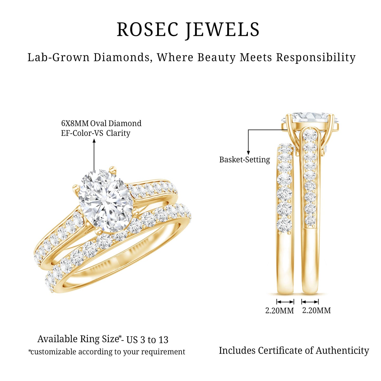 6X8 MM Oval Lab Created Diamond Solitaire Engagement Ring Set for Women