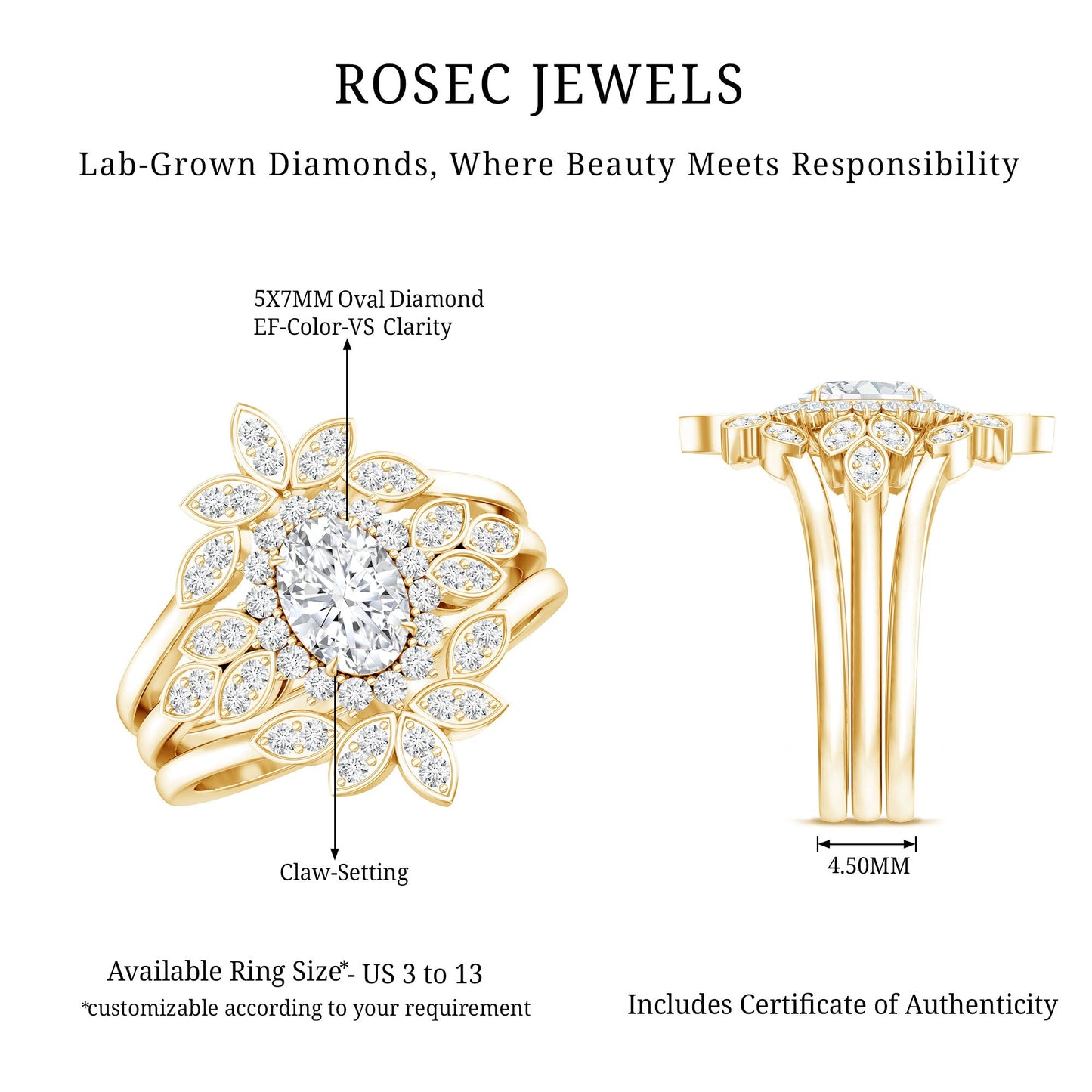 Lab Grown Diamond Vintage Engagement Ring with 2 Wedding Bands