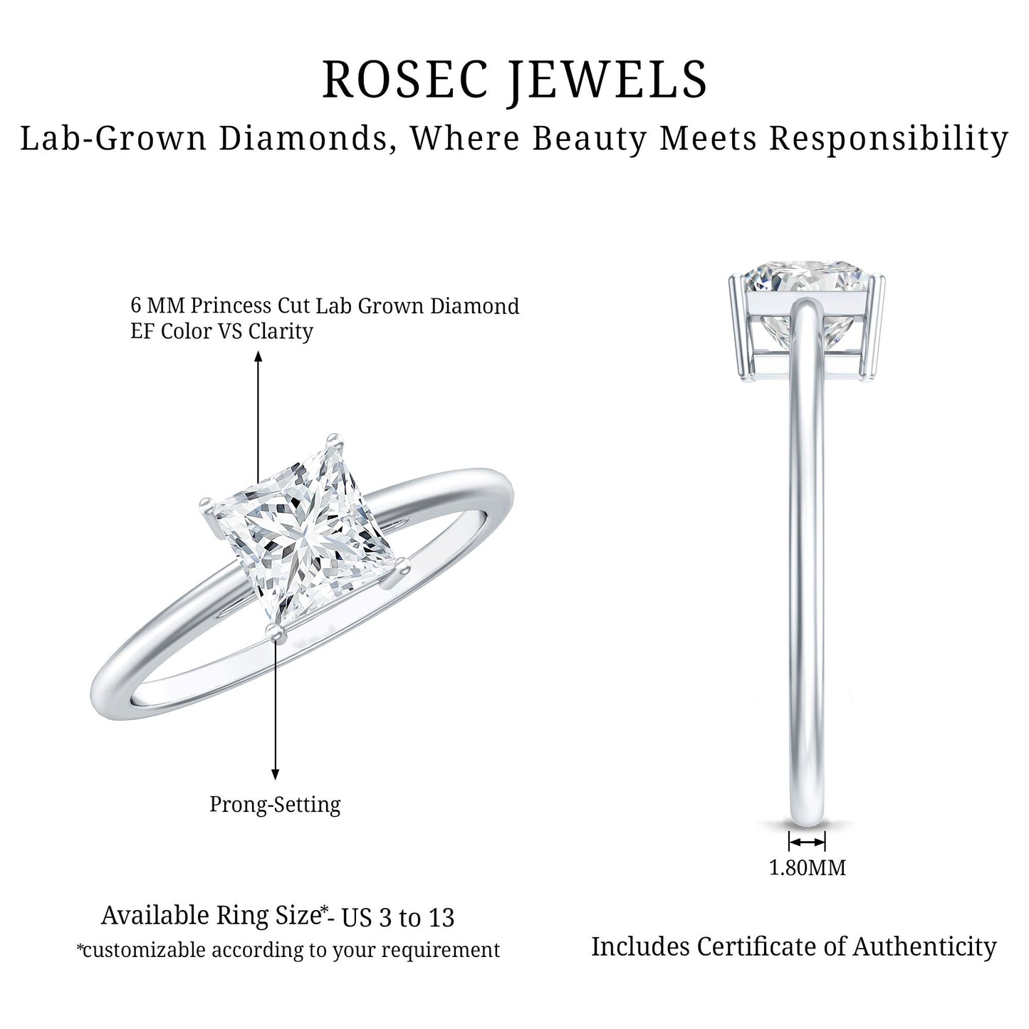 Certified Lab Grown Diamond 6 mm Square Cut Engagement Ring