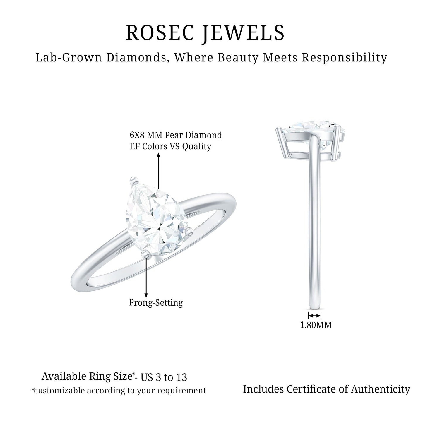 Single Stone Lab Grown Diamond Pear Engagement Ring