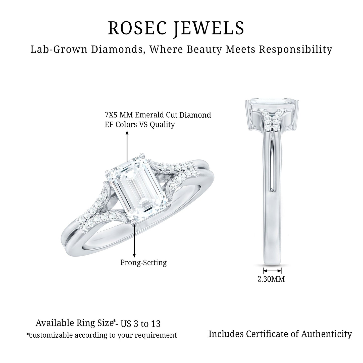 Emerald Cut Lab Diamond Engagement Ring With Split Shank Ring