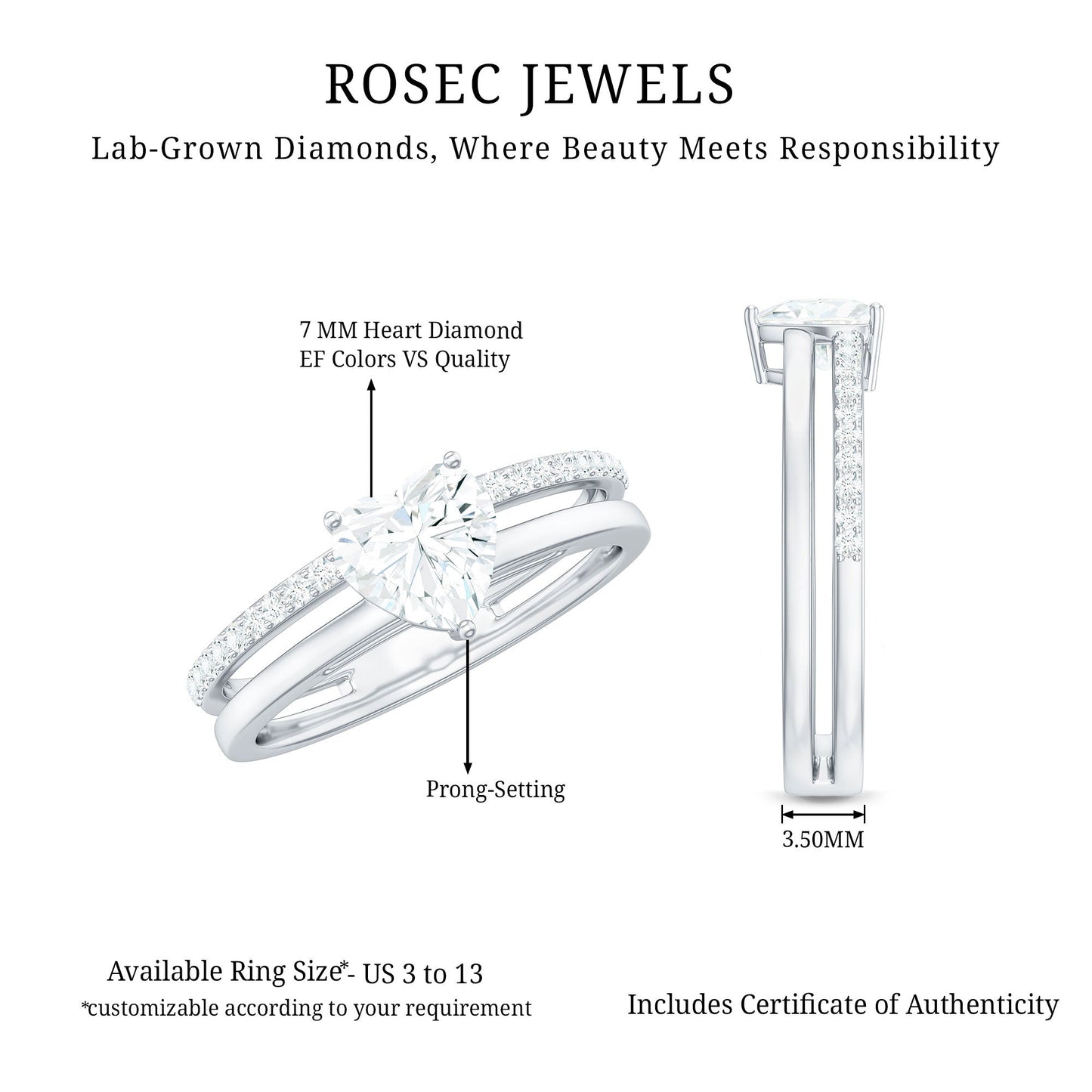 7 MM Heart Shape Lab Grown Diamond Double Band Solitaire Ring