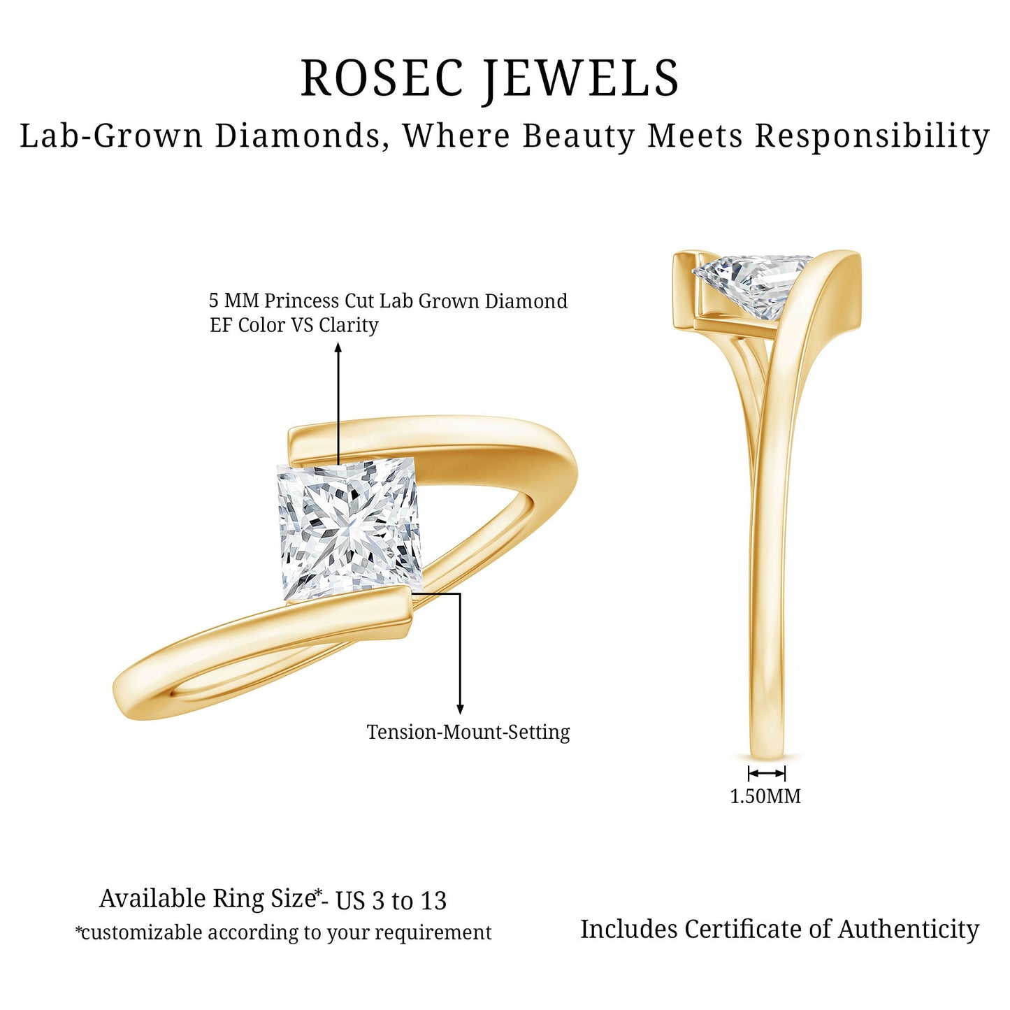 5 mm Princess Cut Lab Grown Diamond Ring With Tension Setting