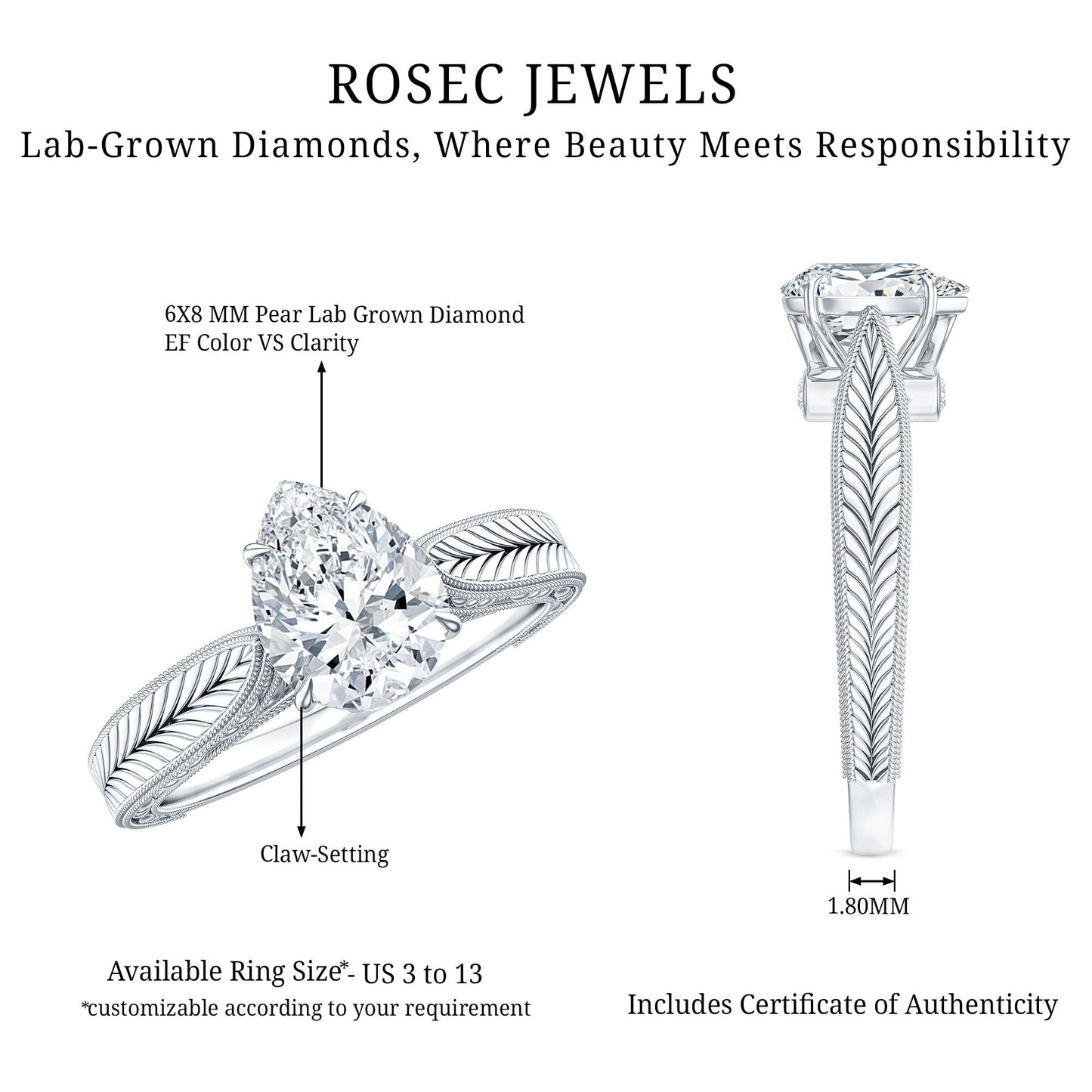 6X8 mm Pear Lab Created Diamond Filigree Engagement Ring