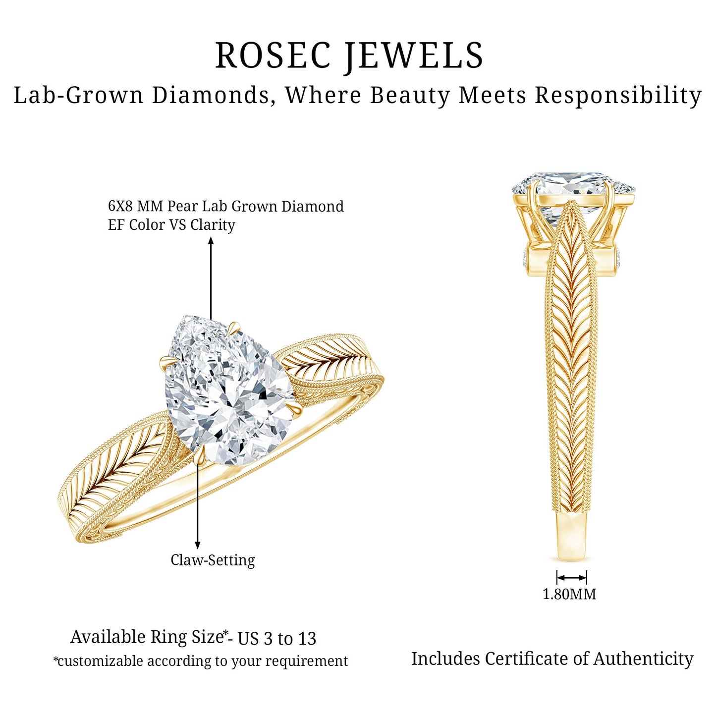 6X8 mm Pear Lab Created Diamond Filigree Engagement Ring