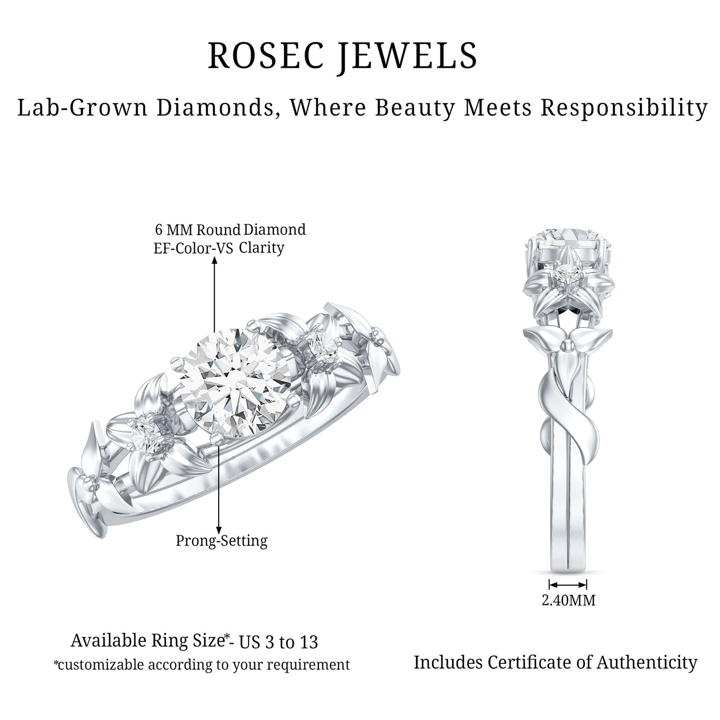 Certified 1 Ct Lab Grown Diamond Nature Engagement Ring