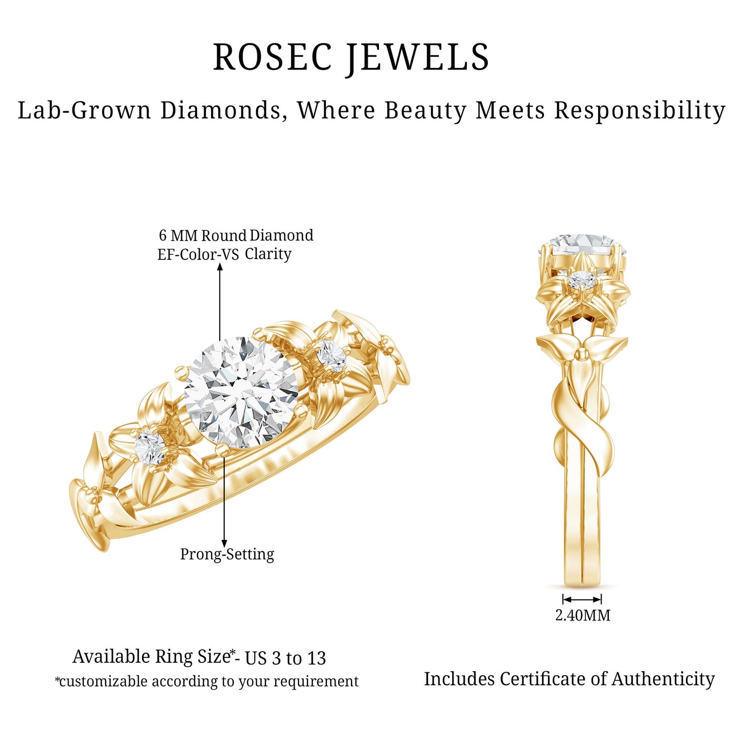 Certified 1 Ct Lab Grown Diamond Nature Engagement Ring