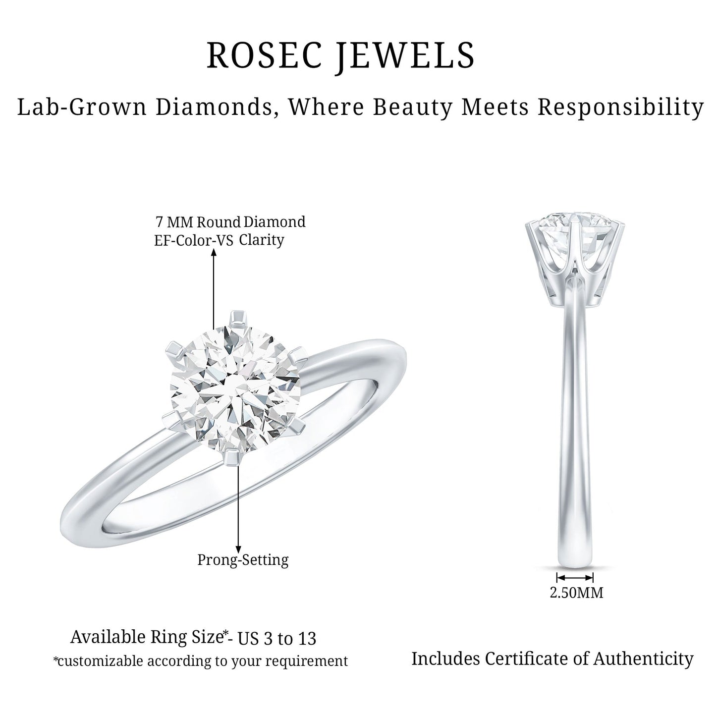 Brilliant Cut Lab Grown Diamond Solitaire Engagement Ring With 6 Prongs