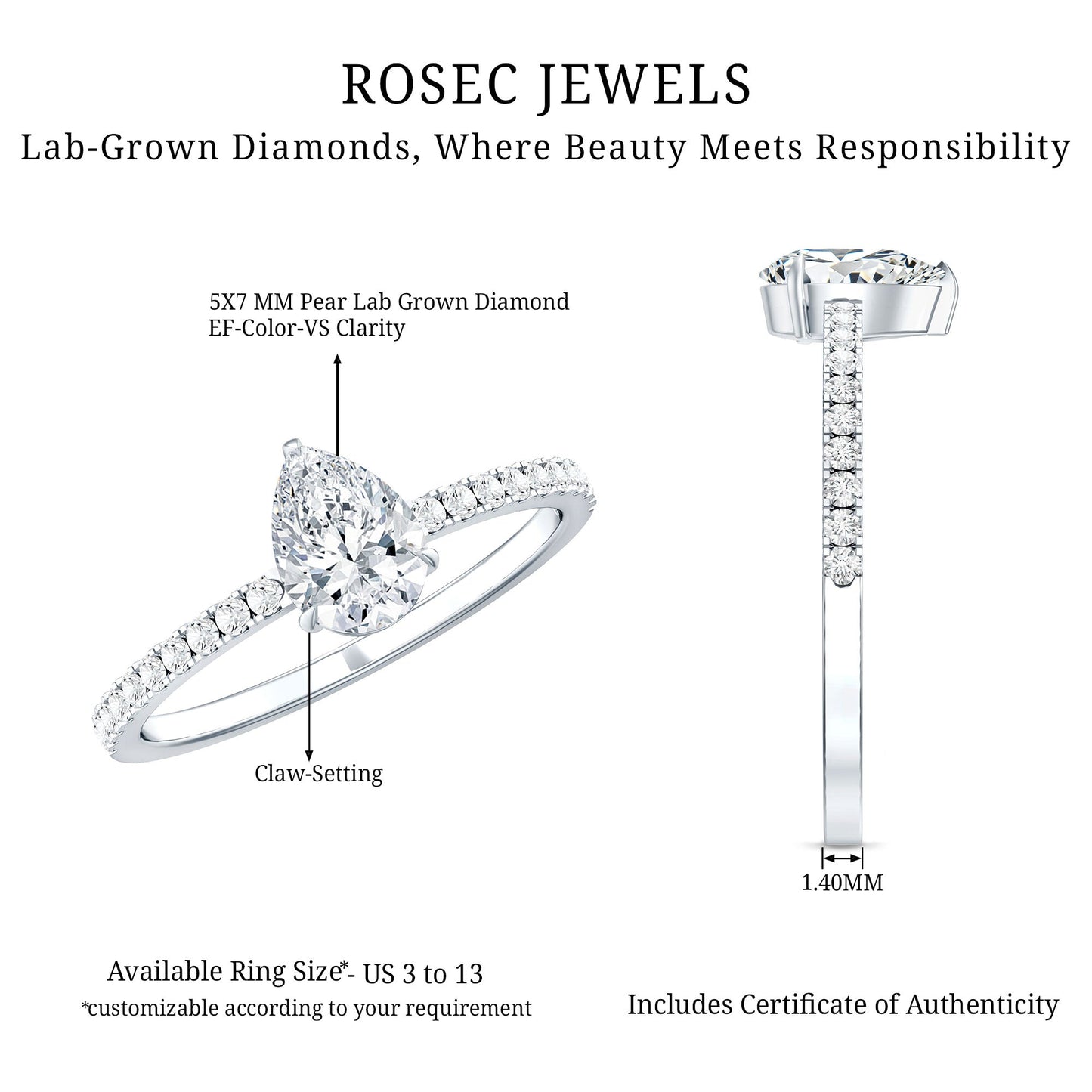1 CT Pear Cut Man Made Diamond Engagement Ring