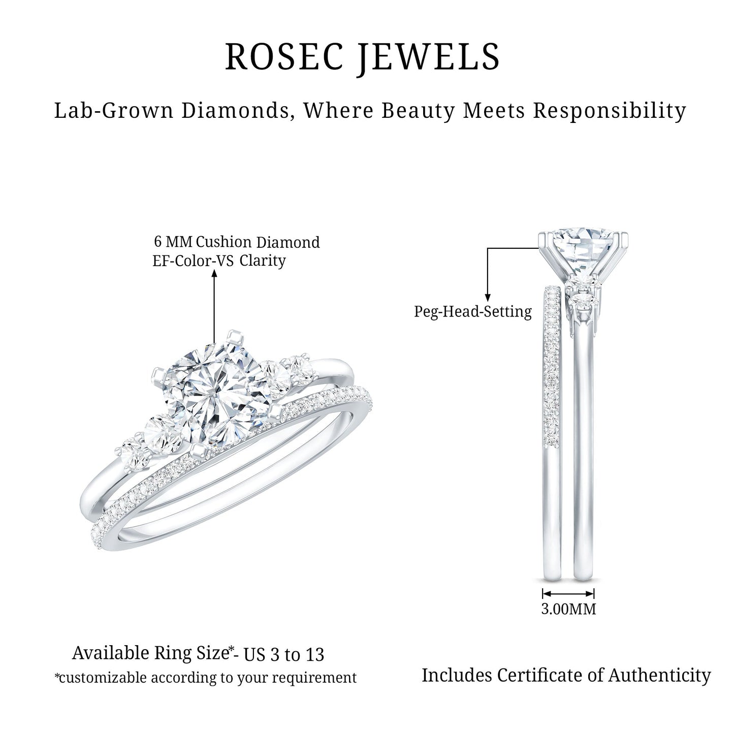 Lab Grown Diamond 6 MM Cushion Engagement Ring with Wedding band