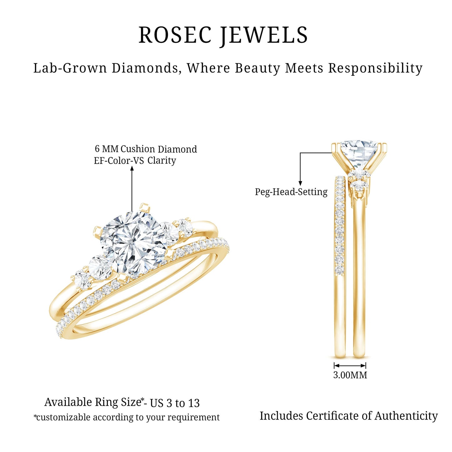 Lab Grown Diamond 6 MM Cushion Engagement Ring with Wedding band