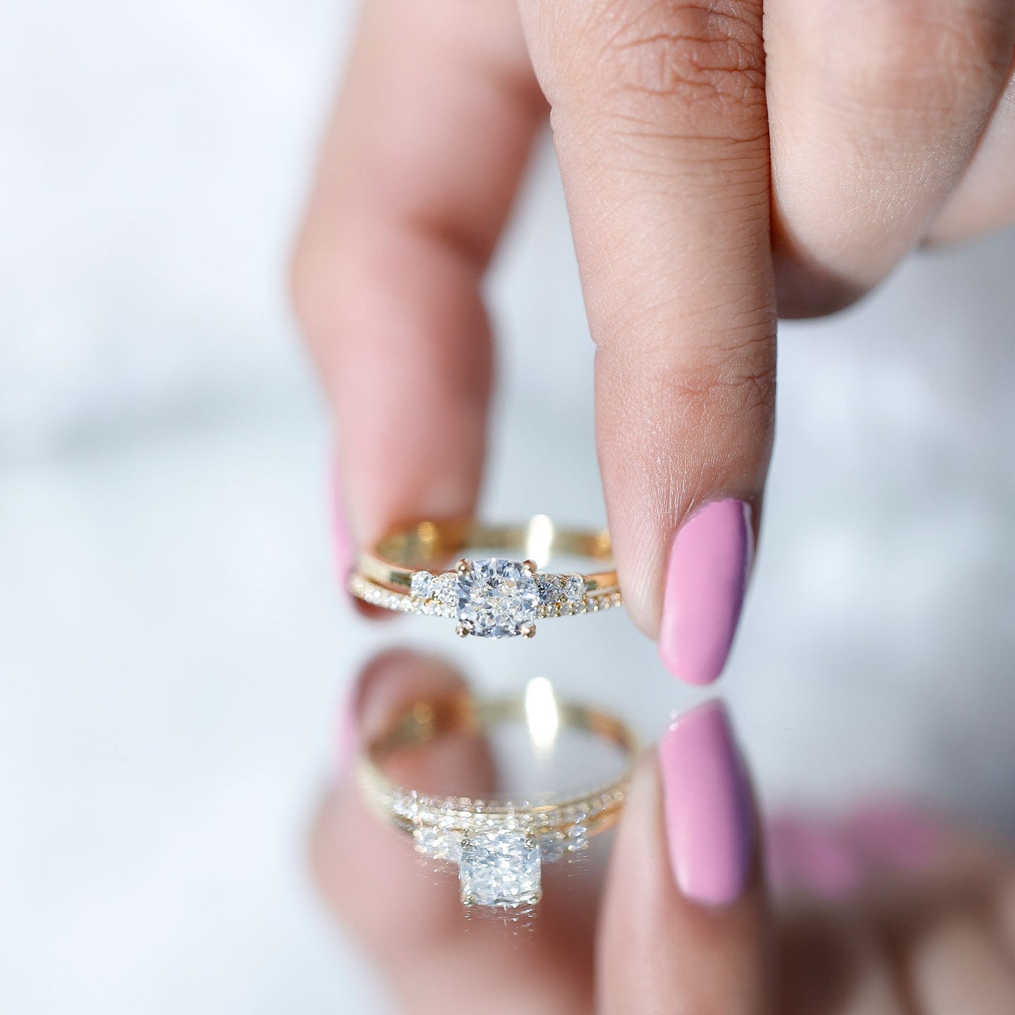 Lab Grown Diamond 6 MM Cushion Engagement Ring with Wedding band