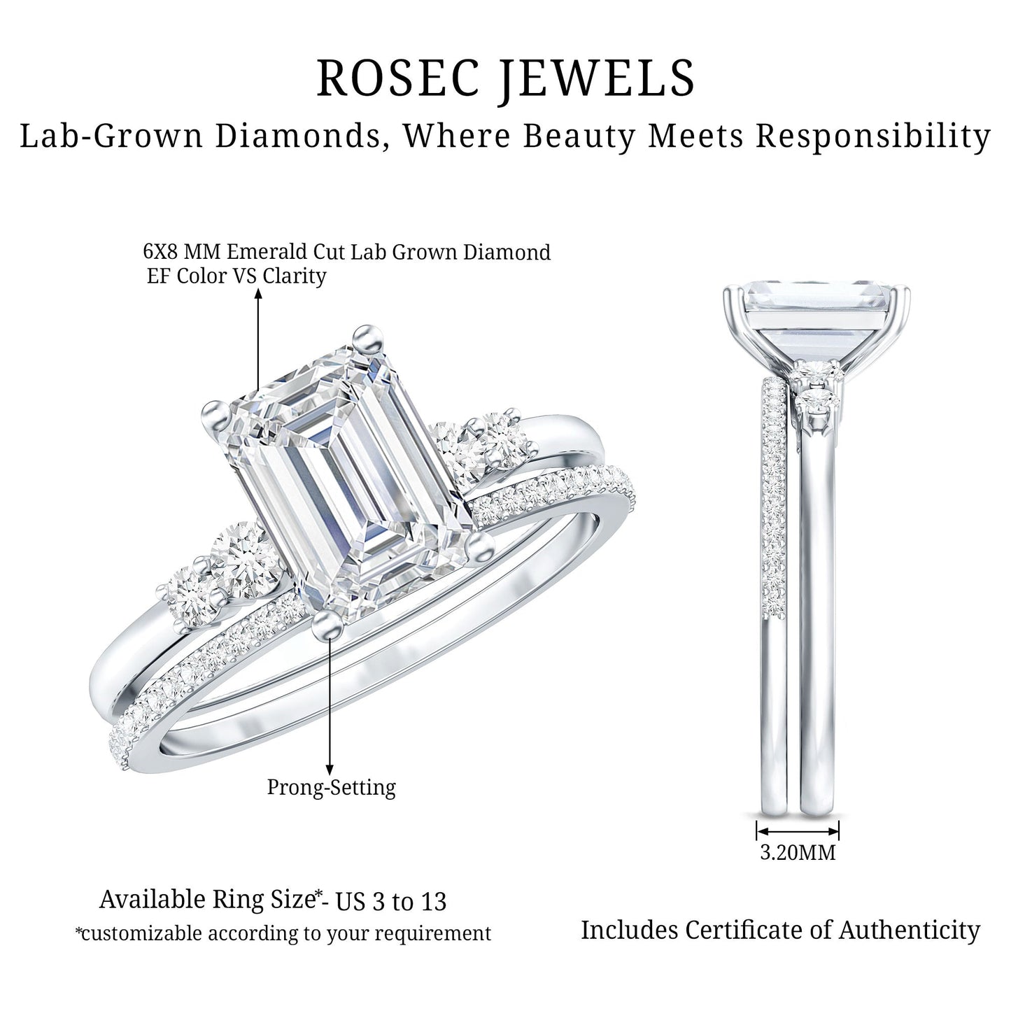 Certified Lab Grown Diamond 6X8MM Emerald Cut Engagement Ring with Band