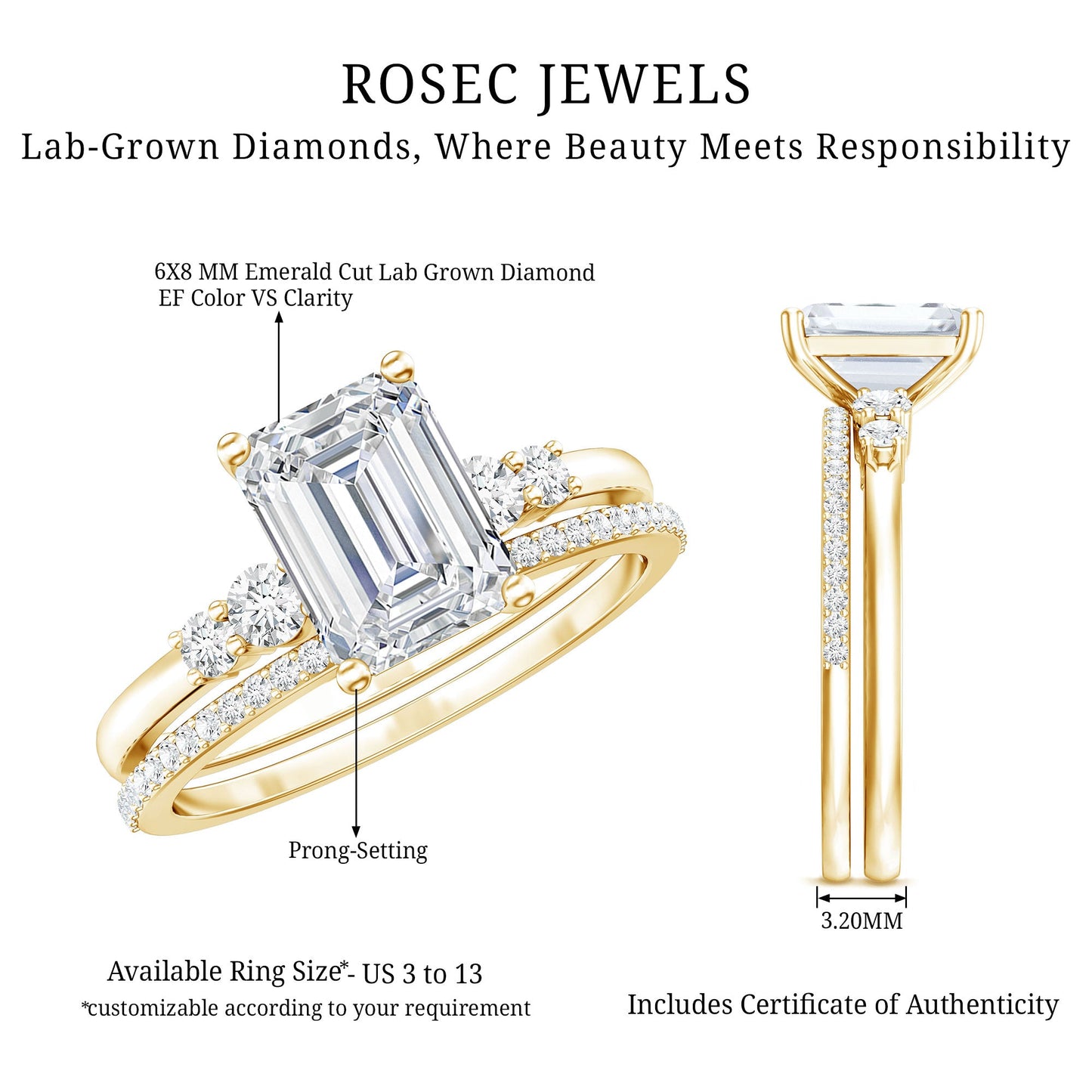 Certified Lab Grown Diamond 6X8MM Emerald Cut Engagement Ring with Band