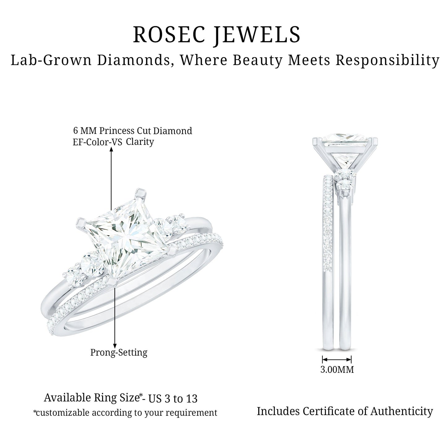 Lab Grown Diamond 6 MM Princess Cut Engagement Ring With Enhancer