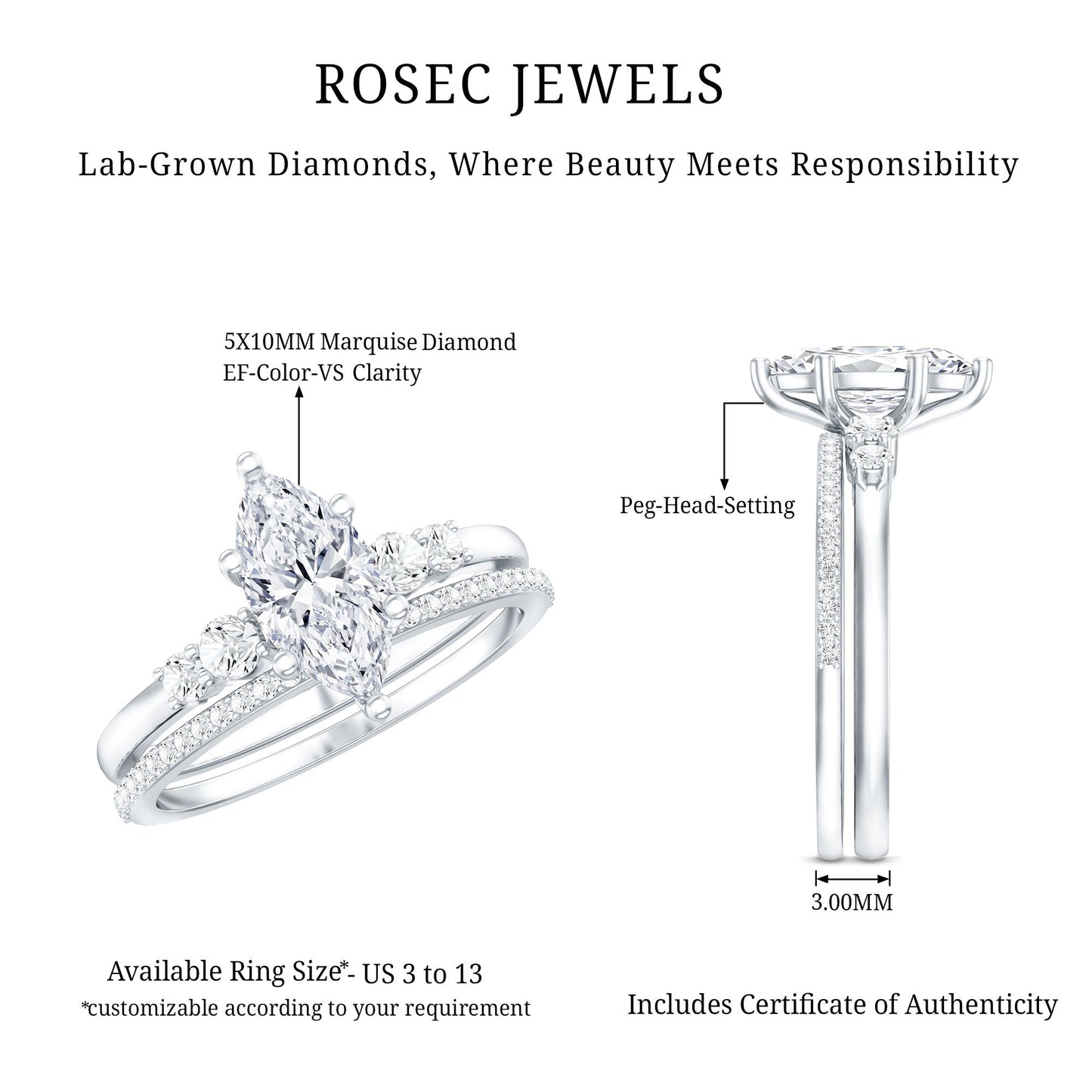 Lab Grown Diamond 5X10MM Marquise Engagement Ring with Wedding Band
